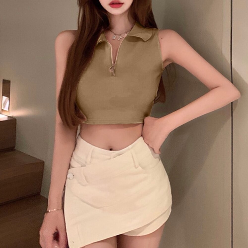 【台灣發貨】韓版顯瘦修身翻領拉鍊短版上衣 小可愛 背心 衣服 女裝 上衣【V229】-細節圖9