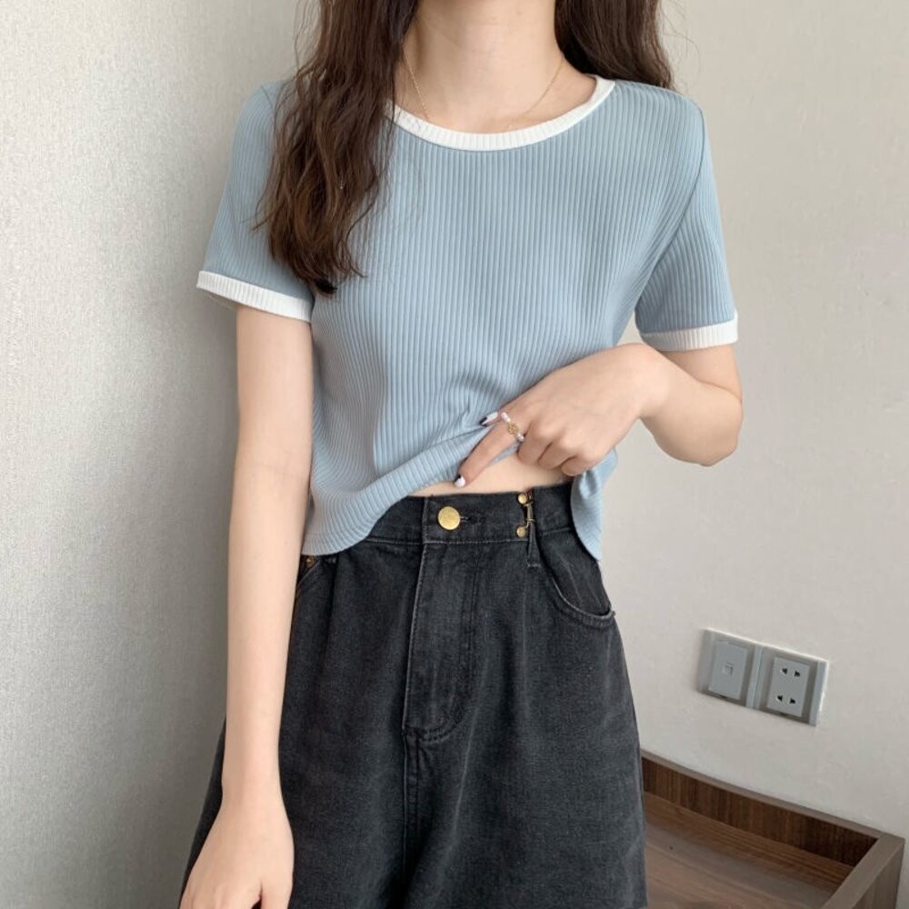 【台灣發貨】韓版小眾拼色顯瘦百搭短袖上衣 衣服 女裝 t恤 短袖t恤 上衣【T468】-細節圖3