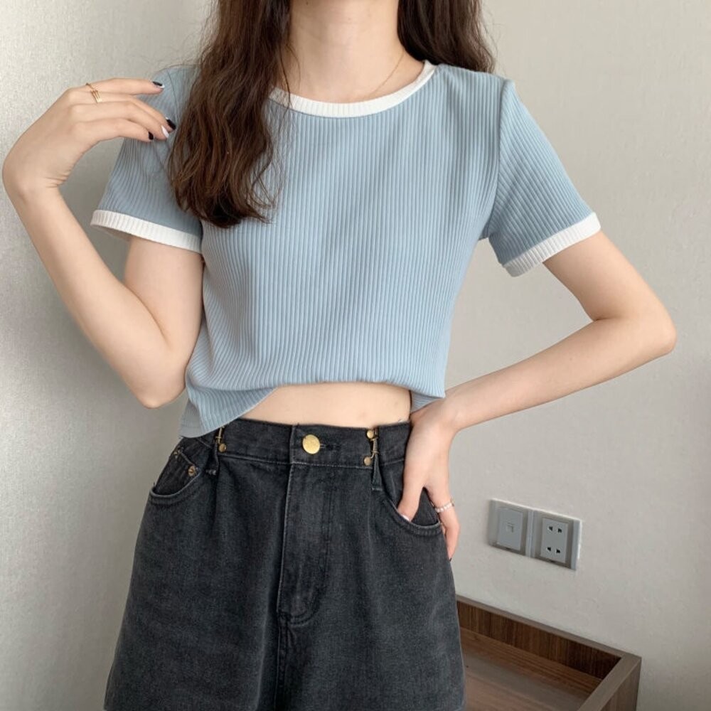 【台灣發貨】韓版小眾拼色顯瘦百搭短袖上衣 衣服 女裝 t恤 短袖t恤 上衣【T468】-細節圖4