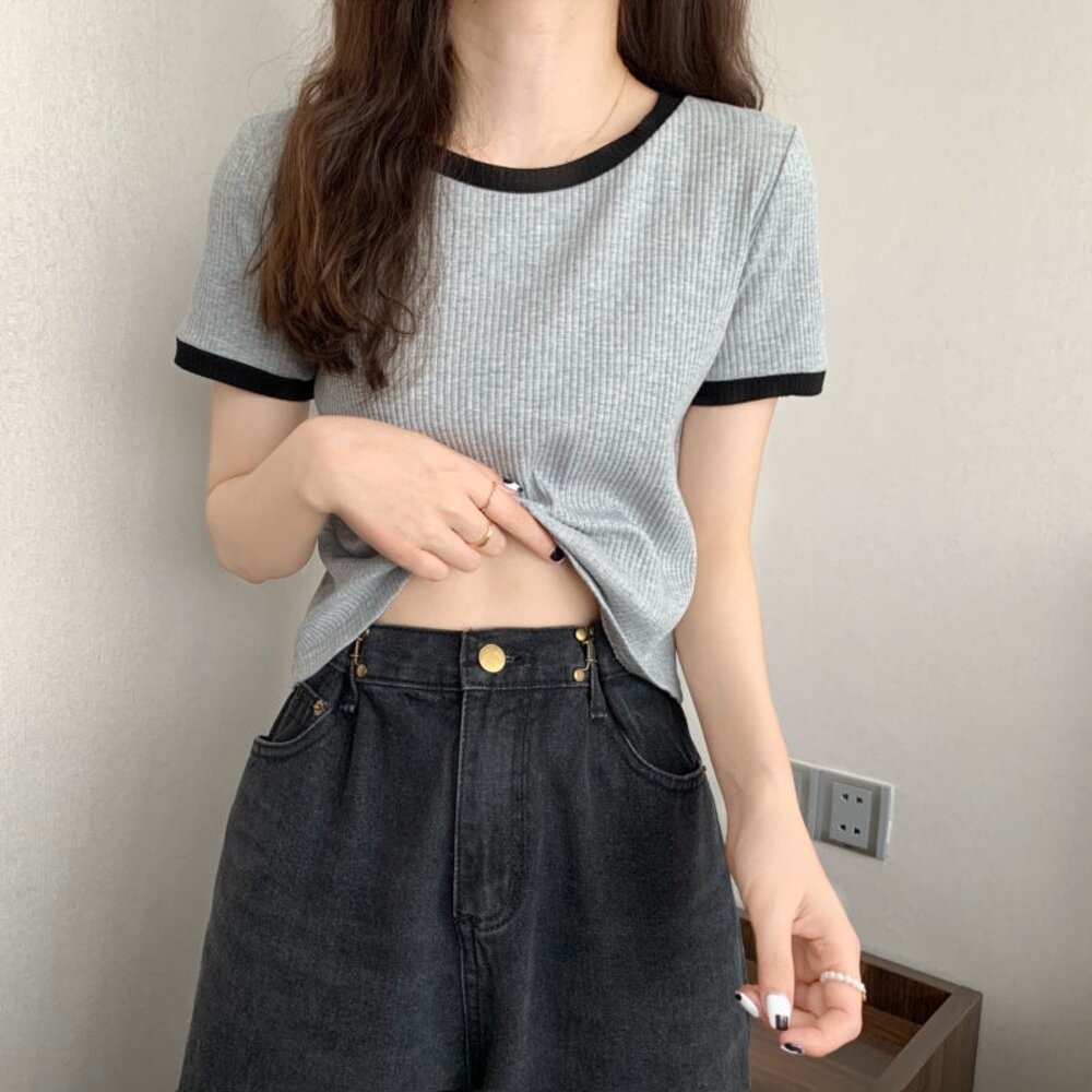 【台灣發貨】韓版小眾拼色顯瘦百搭短袖上衣 衣服 女裝 t恤 短袖t恤 上衣【T468】-細節圖5