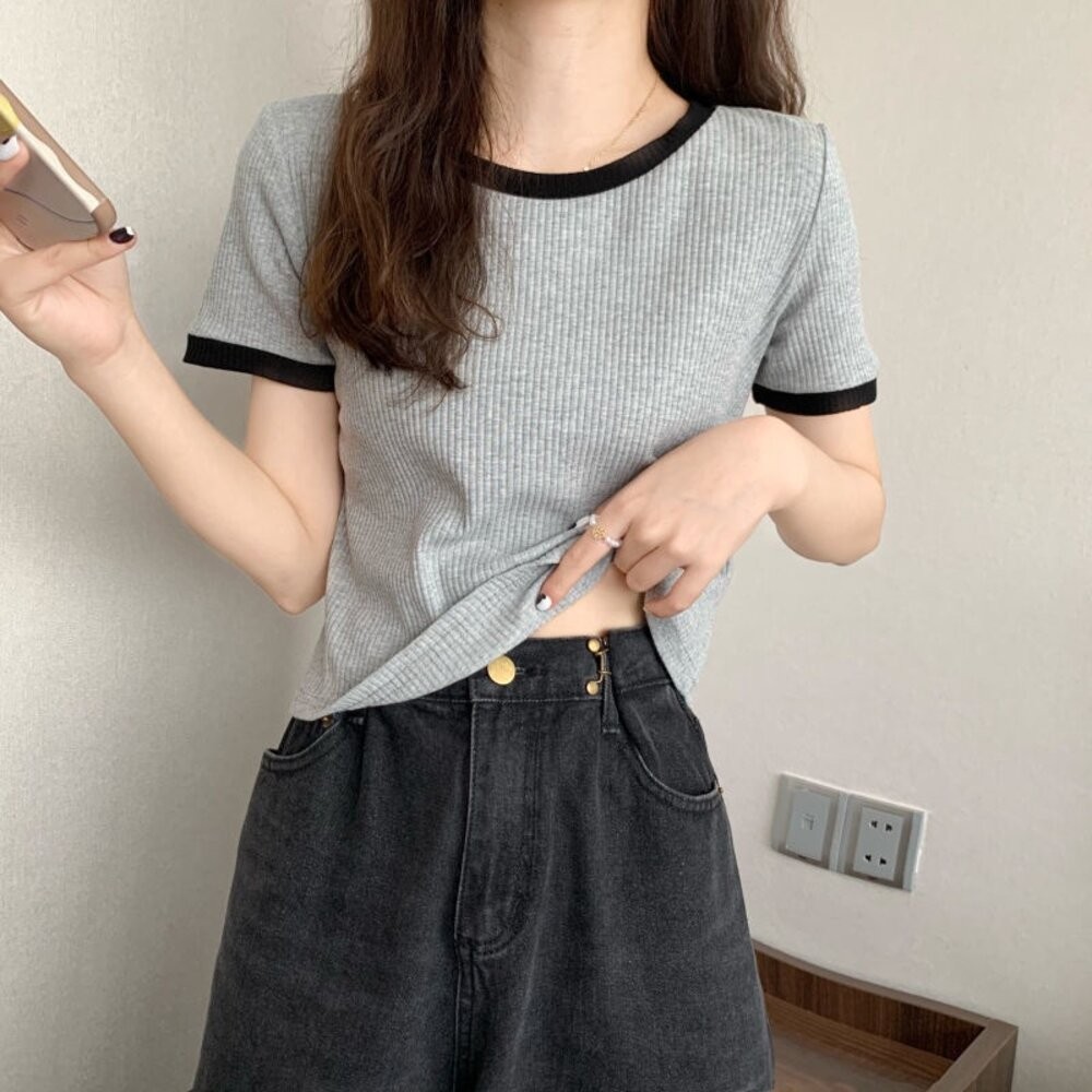 【台灣發貨】韓版小眾拼色顯瘦百搭短袖上衣 衣服 女裝 t恤 短袖t恤 上衣【T468】-細節圖6