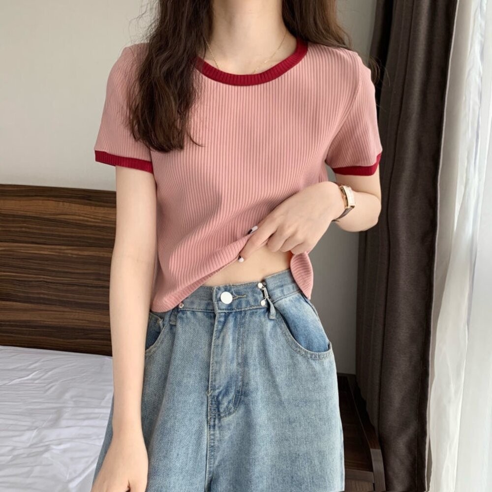 【台灣發貨】韓版小眾拼色顯瘦百搭短袖上衣 衣服 女裝 t恤 短袖t恤 上衣【T468】-細節圖7