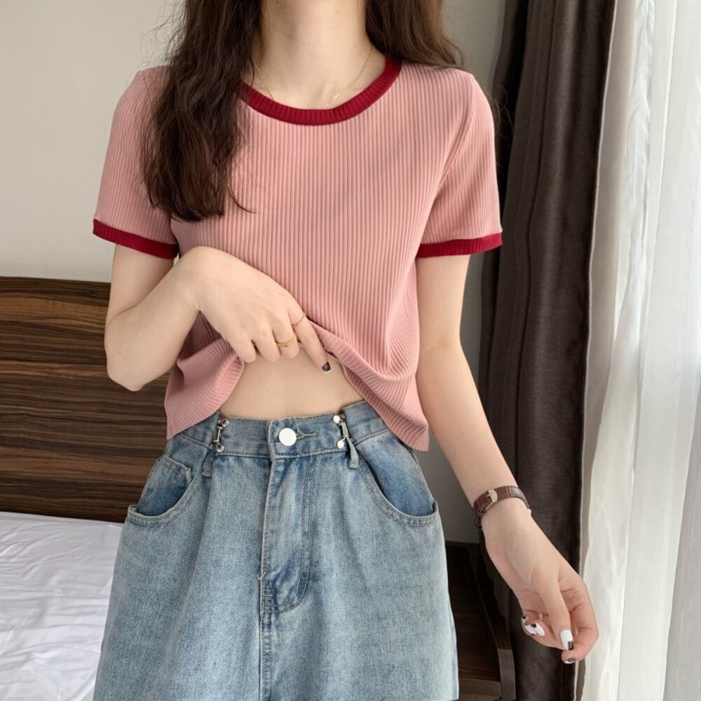 【台灣發貨】韓版小眾拼色顯瘦百搭短袖上衣 衣服 女裝 t恤 短袖t恤 上衣【T468】-細節圖8
