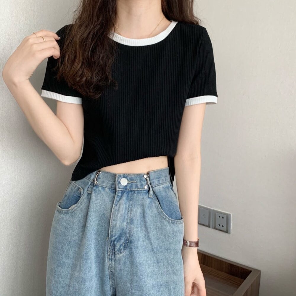 【台灣發貨】韓版小眾拼色顯瘦百搭短袖上衣 衣服 女裝 t恤 短袖t恤 上衣【T468】-細節圖9