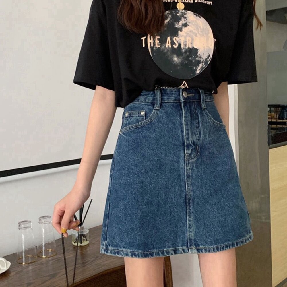 【台灣發貨】韓版百搭高腰A字牛仔半身裙 裙子 褲裙 長裙 女裝【P114】-細節圖2