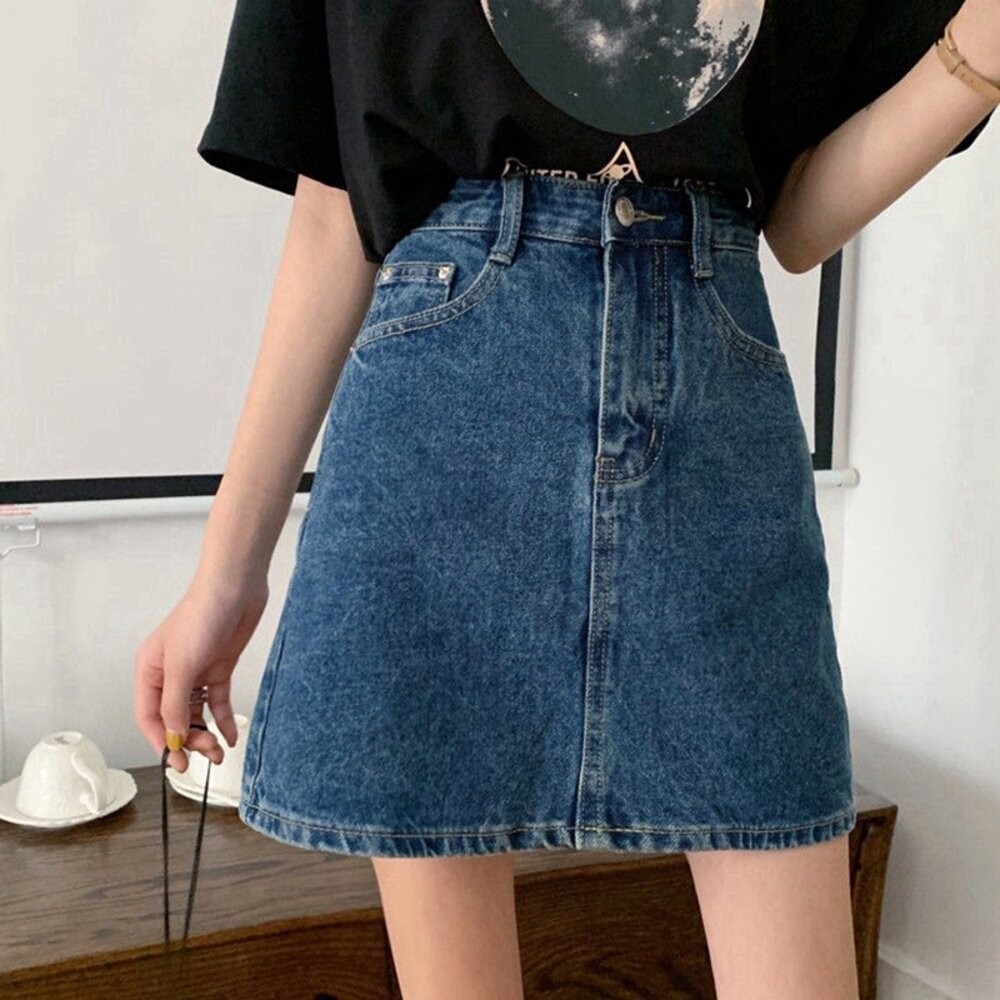 【台灣發貨】韓版百搭高腰A字牛仔半身裙 裙子 褲裙 長裙 女裝【P114】-細節圖3