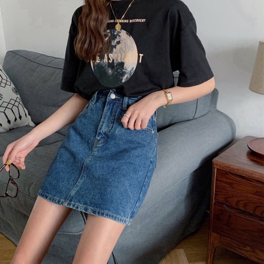 【台灣發貨】韓版百搭高腰A字牛仔半身裙 裙子 褲裙 長裙 女裝【P114】-細節圖4