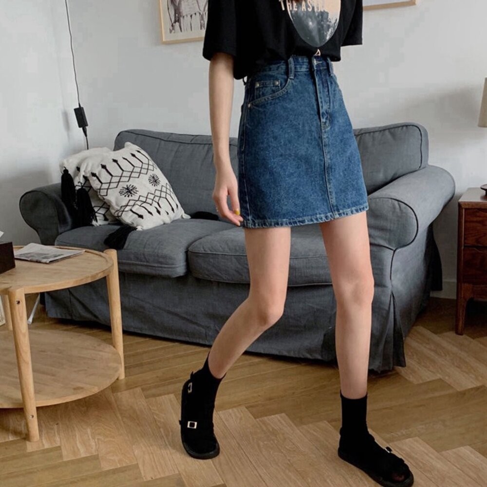 【台灣發貨】韓版百搭高腰A字牛仔半身裙 裙子 褲裙 長裙 女裝【P114】-細節圖5