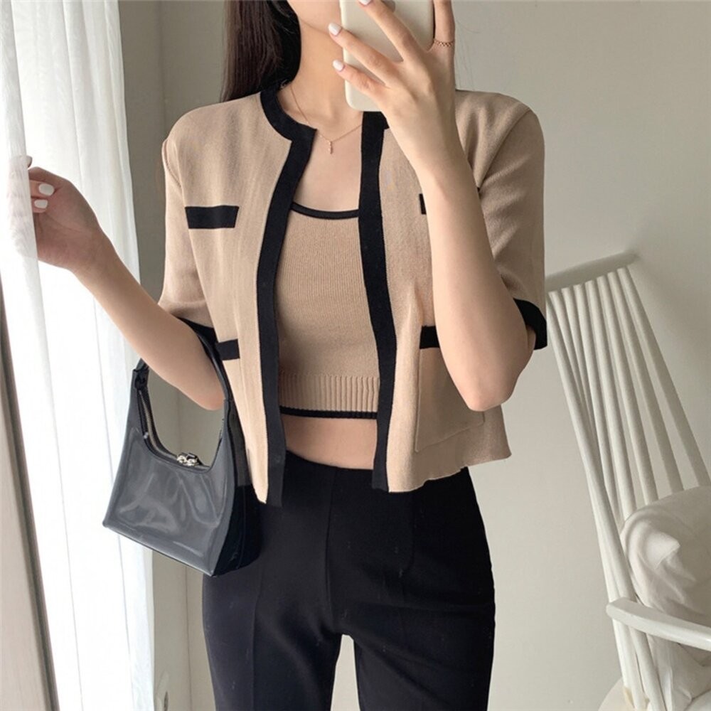 【台灣發貨】韓版氣質小香風短袖外套+背心 套裝 外套 防曬外套 女裝 上衣 衣服J342【V385】-細節圖2