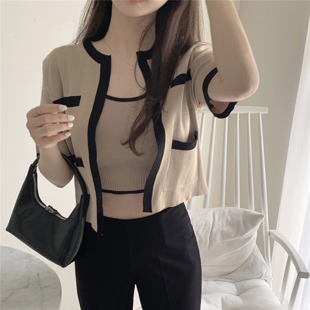 【台灣發貨】韓版氣質小香風短袖外套+背心 套裝 外套 防曬外套 女裝 上衣 衣服J342【V385】-細節圖3