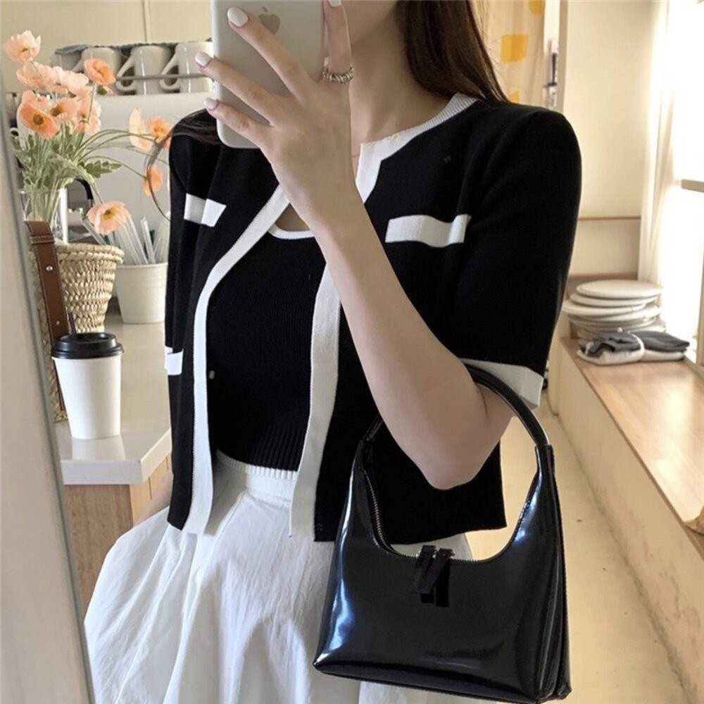 【台灣發貨】韓版氣質小香風短袖外套+背心 套裝 外套 防曬外套 女裝 上衣 衣服J342【V385】-細節圖6