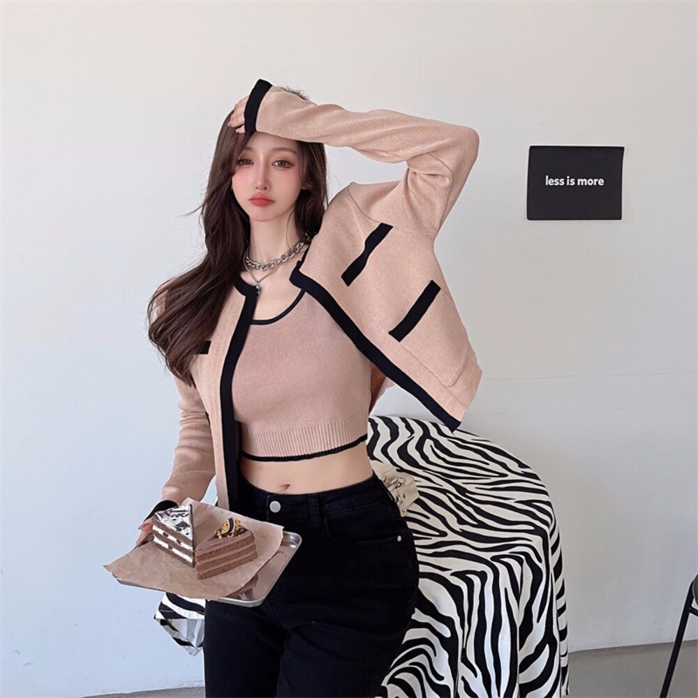 【台灣發貨】韓版小香風氣質撞色針織外套+針織背心 套裝 外套 防曬外套 女裝 上衣 衣服【V385】【J344】-細節圖2