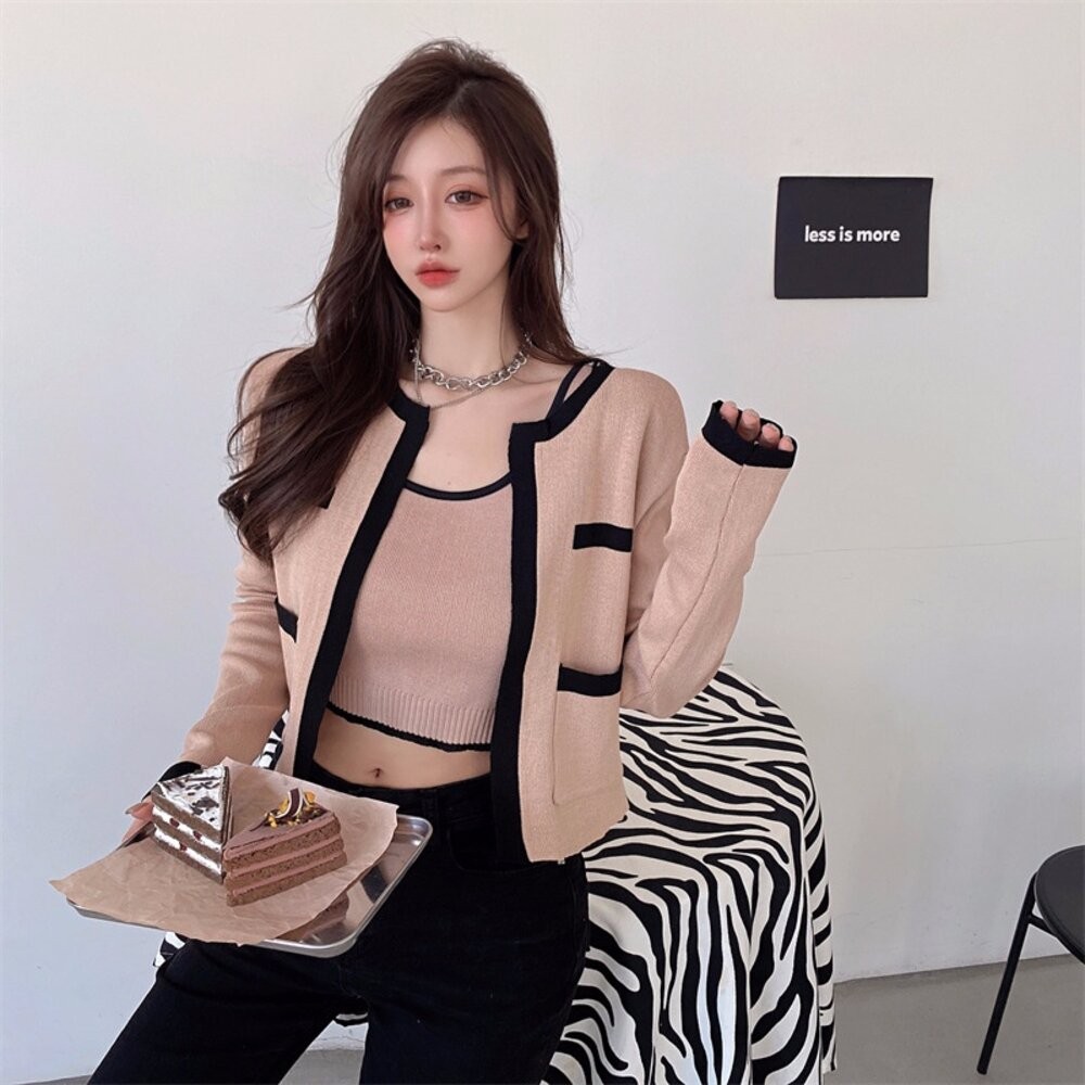 【台灣發貨】韓版小香風氣質撞色針織外套+針織背心 套裝 外套 防曬外套 女裝 上衣 衣服【V385】【J344】-細節圖4