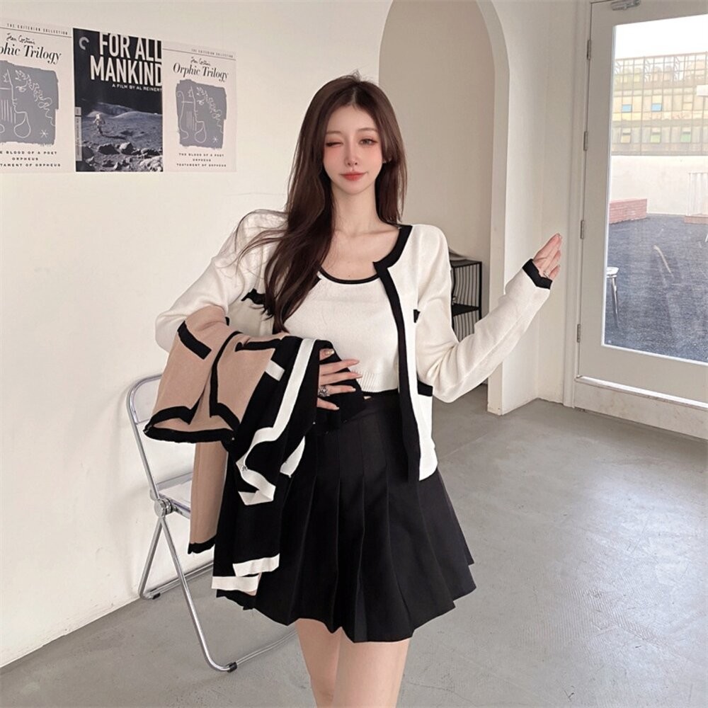 【台灣發貨】韓版小香風氣質撞色針織外套+針織背心 套裝 外套 防曬外套 女裝 上衣 衣服【V385】【J344】-細節圖5