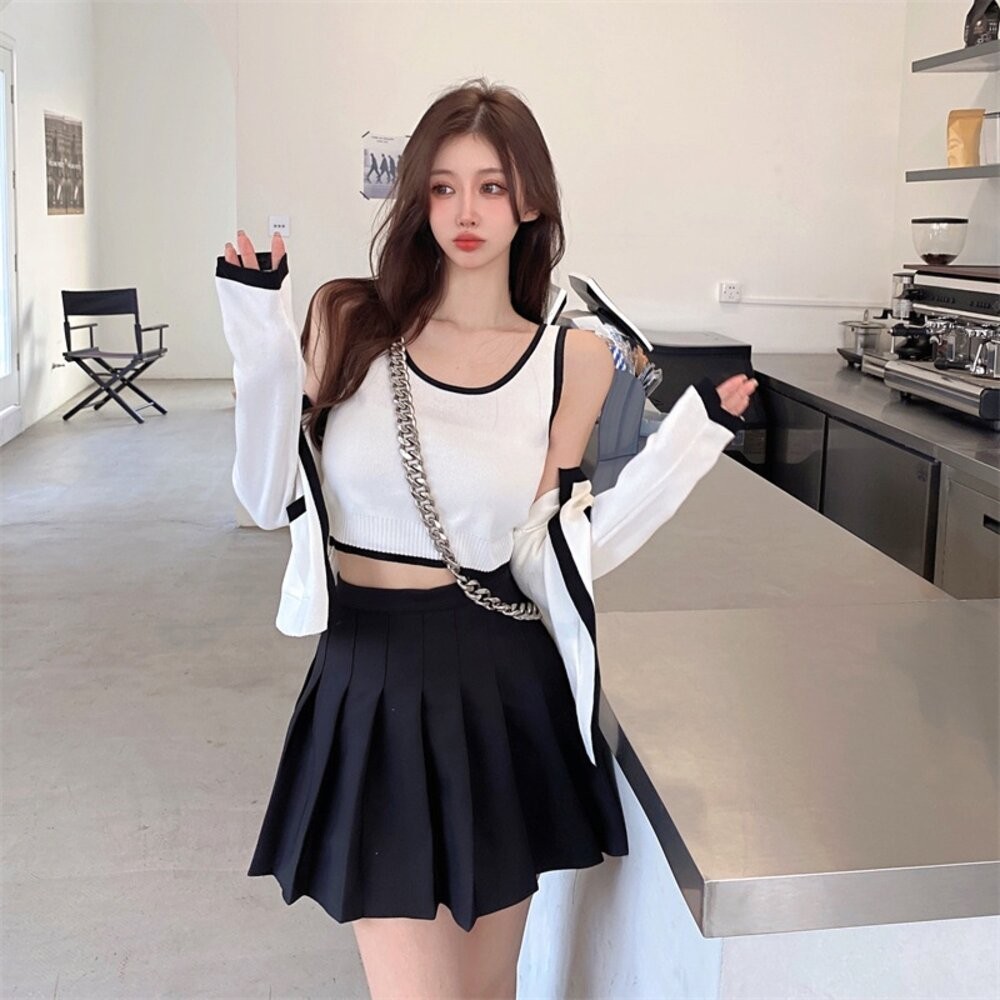 【台灣發貨】韓版小香風氣質撞色針織外套+針織背心 套裝 外套 防曬外套 女裝 上衣 衣服【V385】【J344】-細節圖6