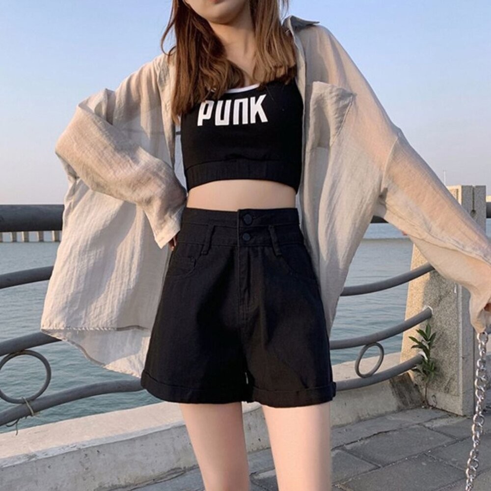 【台灣發貨】韓版高腰捲邊顯瘦牛仔短褲 短褲 褲子 女裝【P199】-細節圖3