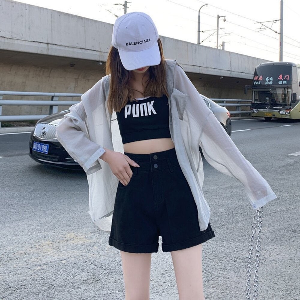 【台灣發貨】韓版高腰捲邊顯瘦牛仔短褲 短褲 褲子 女裝【P199】-細節圖4