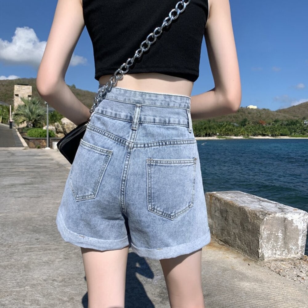 【台灣發貨】韓版高腰捲邊顯瘦牛仔短褲 短褲 褲子 女裝【P199】-細節圖7