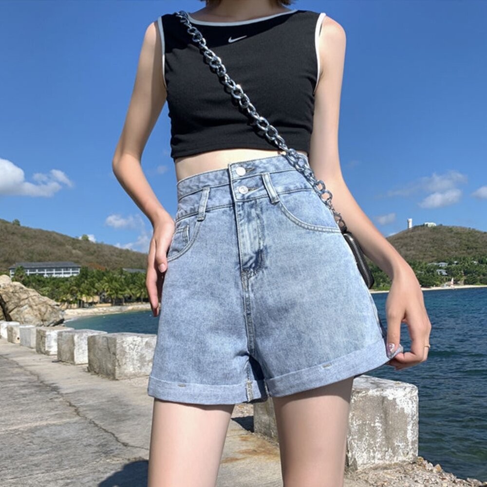 【台灣發貨】韓版高腰捲邊顯瘦牛仔短褲 短褲 褲子 女裝【P199】-細節圖8