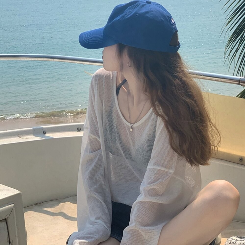 【台灣發貨】韓板寬鬆v領透視防曬長袖上衣 外套 防曬外套 女裝 上衣 衣服【W280】-細節圖8