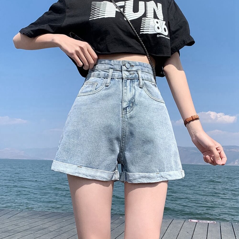 【台灣發貨】韓版高腰雙扣捲邊牛仔短褲 短褲 褲子 女裝【P199】-細節圖2