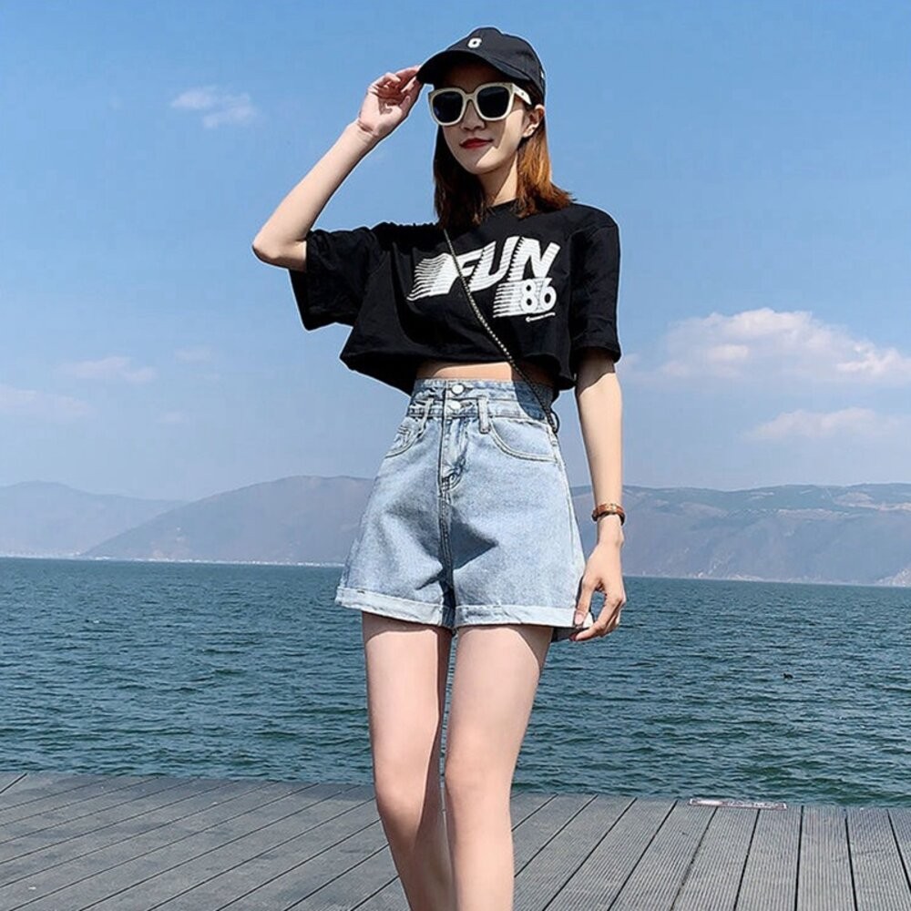 【台灣發貨】韓版高腰雙扣捲邊牛仔短褲 短褲 褲子 女裝【P199】-細節圖4