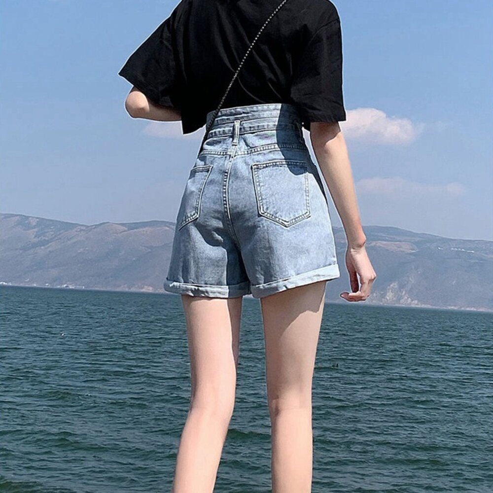 【台灣發貨】韓版高腰雙扣捲邊牛仔短褲 短褲 褲子 女裝【P199】-細節圖5