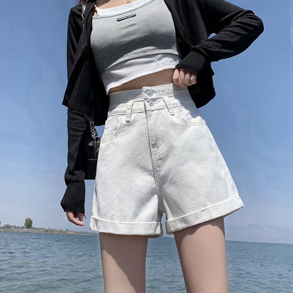 【台灣發貨】韓版高腰雙扣捲邊牛仔短褲 短褲 褲子 女裝【P199】-細節圖6