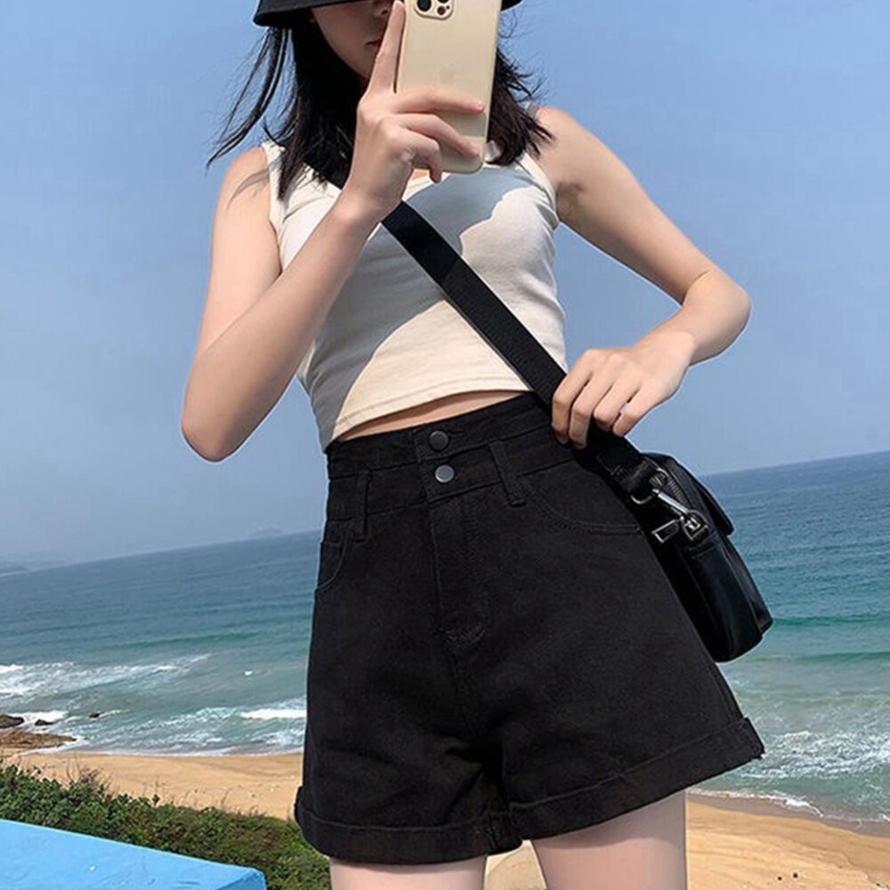 【台灣發貨】韓版高腰雙扣捲邊牛仔短褲 短褲 褲子 女裝【P199】-細節圖7