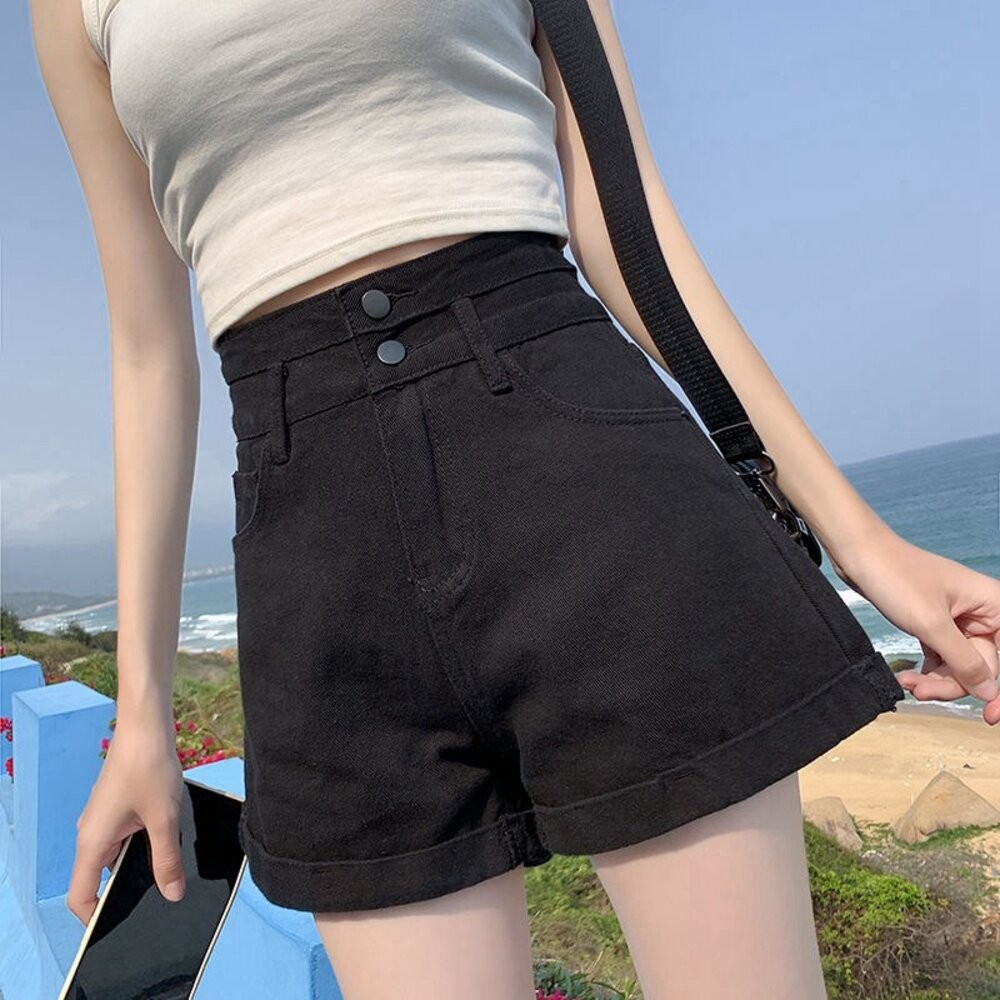 【台灣發貨】韓版高腰雙扣捲邊牛仔短褲 短褲 褲子 女裝【P199】-細節圖8