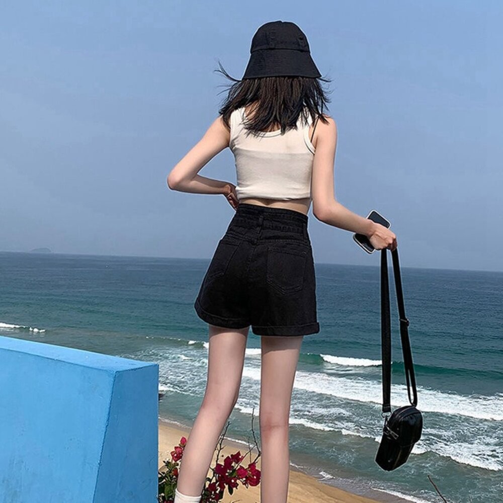 【台灣發貨】韓版高腰雙扣捲邊牛仔短褲 短褲 褲子 女裝【P199】-細節圖9