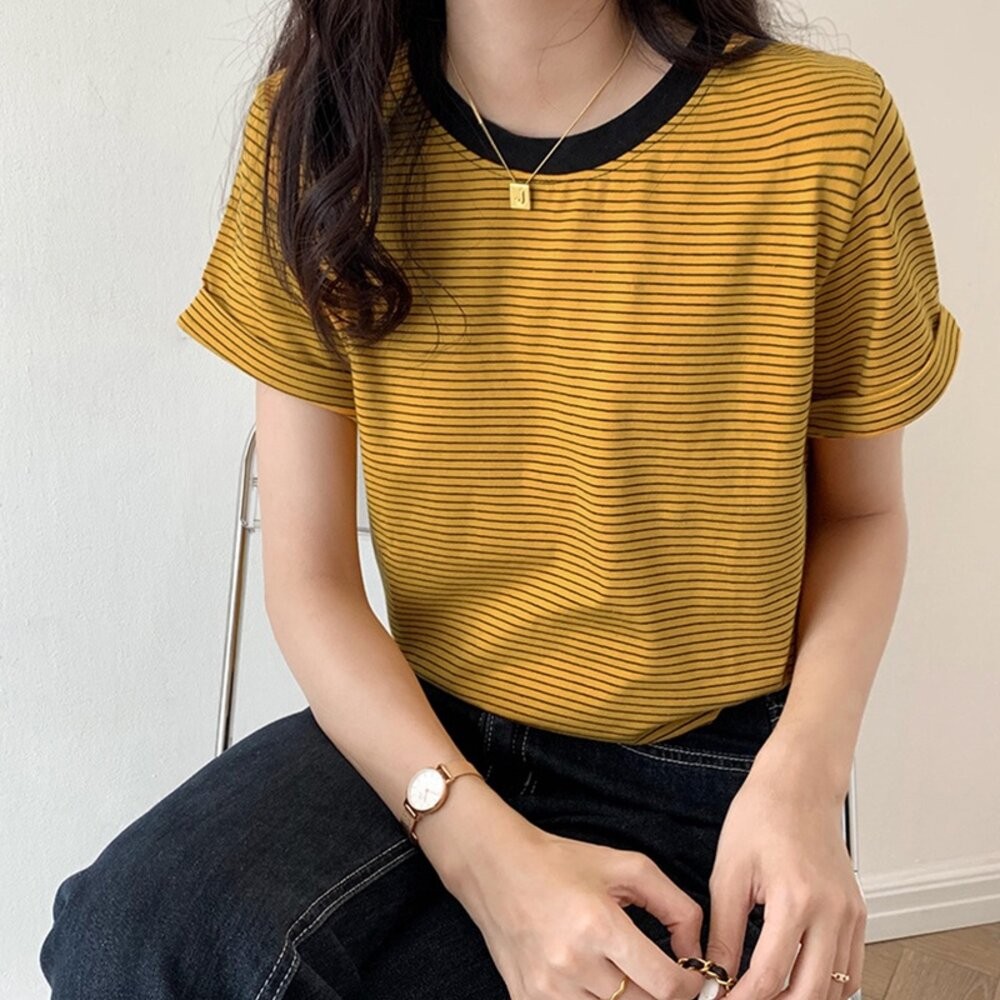 【台灣發貨】韓版條紋撞色寬鬆短袖上衣 衣服 女裝 t恤 短袖t恤 上衣【T472】-細節圖9