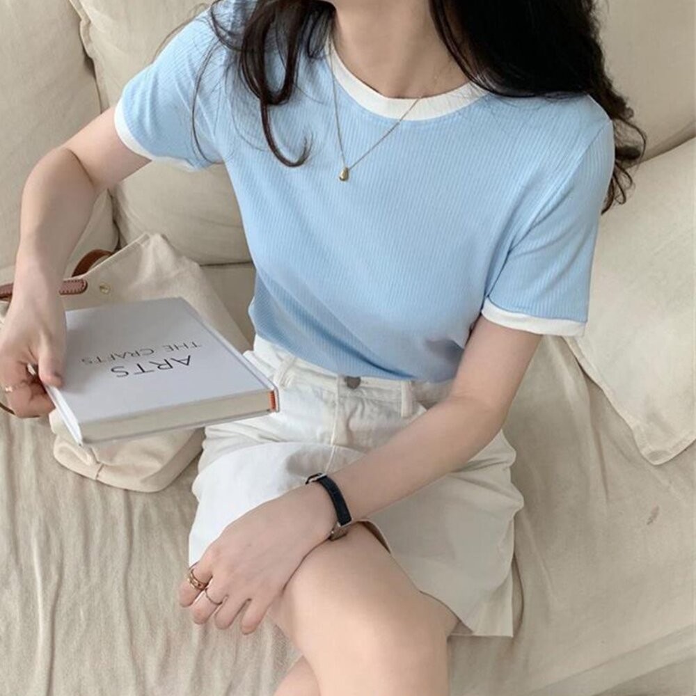 【台灣發貨】韓版小眾拼接色短袖上衣 短袖t恤 衣服 女裝 t恤 短袖t恤 上衣【T468】-細節圖4