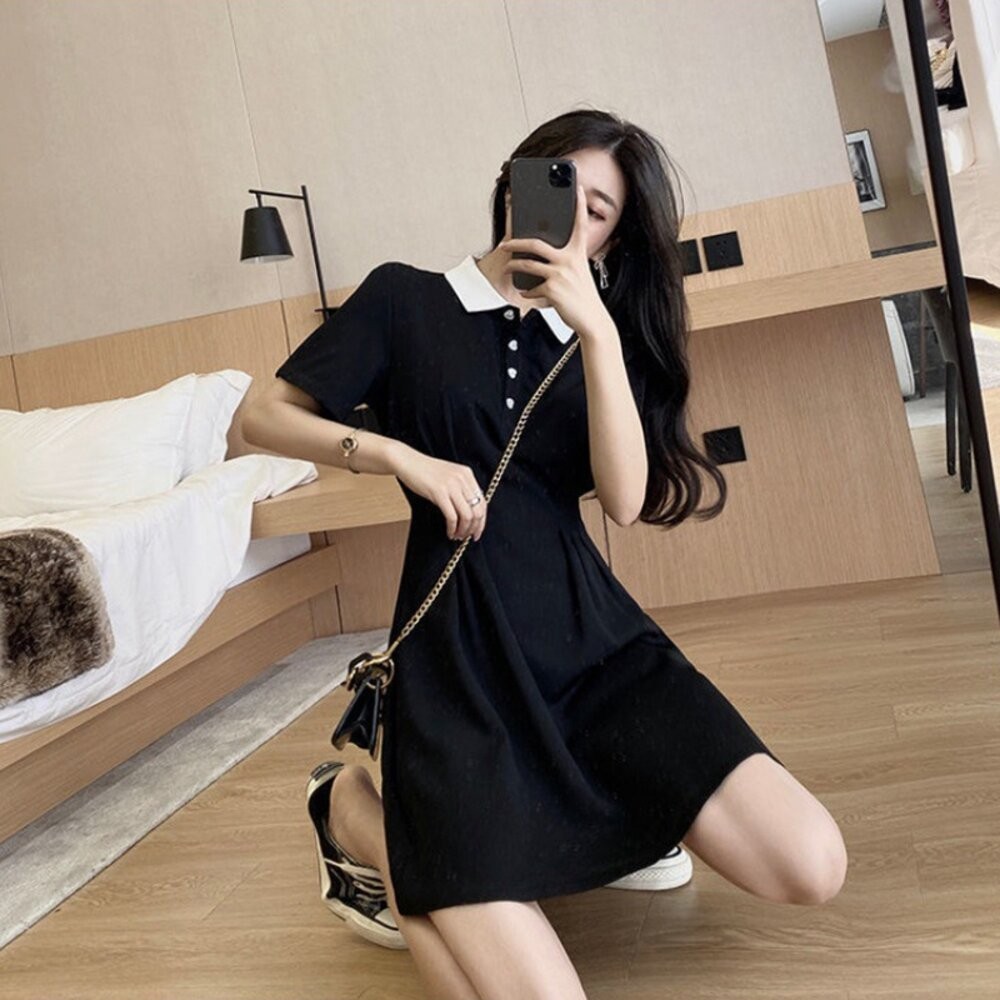 【台灣發貨】韓版氣質短袖收腰顯瘦小黑裙洋裝 連身裙 吊帶裙 吊帶褲 女裝【S198】-細節圖3