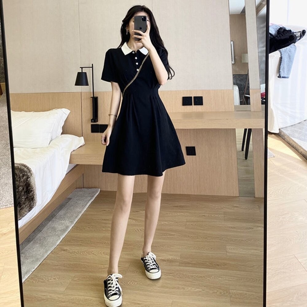 【台灣發貨】韓版氣質短袖收腰顯瘦小黑裙洋裝 連身裙 吊帶裙 吊帶褲 女裝【S198】-細節圖6