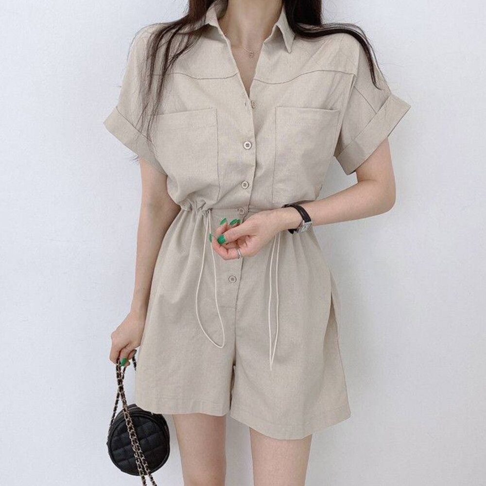 【台灣發貨】韓版氣質拉繩收腰顯瘦連體短褲套裝 連身裙 吊帶裙 吊帶褲 女裝【S197】-細節圖3