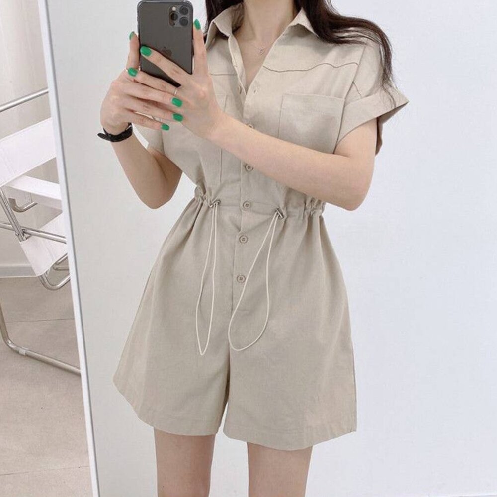 【台灣發貨】韓版氣質拉繩收腰顯瘦連體短褲套裝 連身裙 吊帶裙 吊帶褲 女裝【S197】-細節圖4