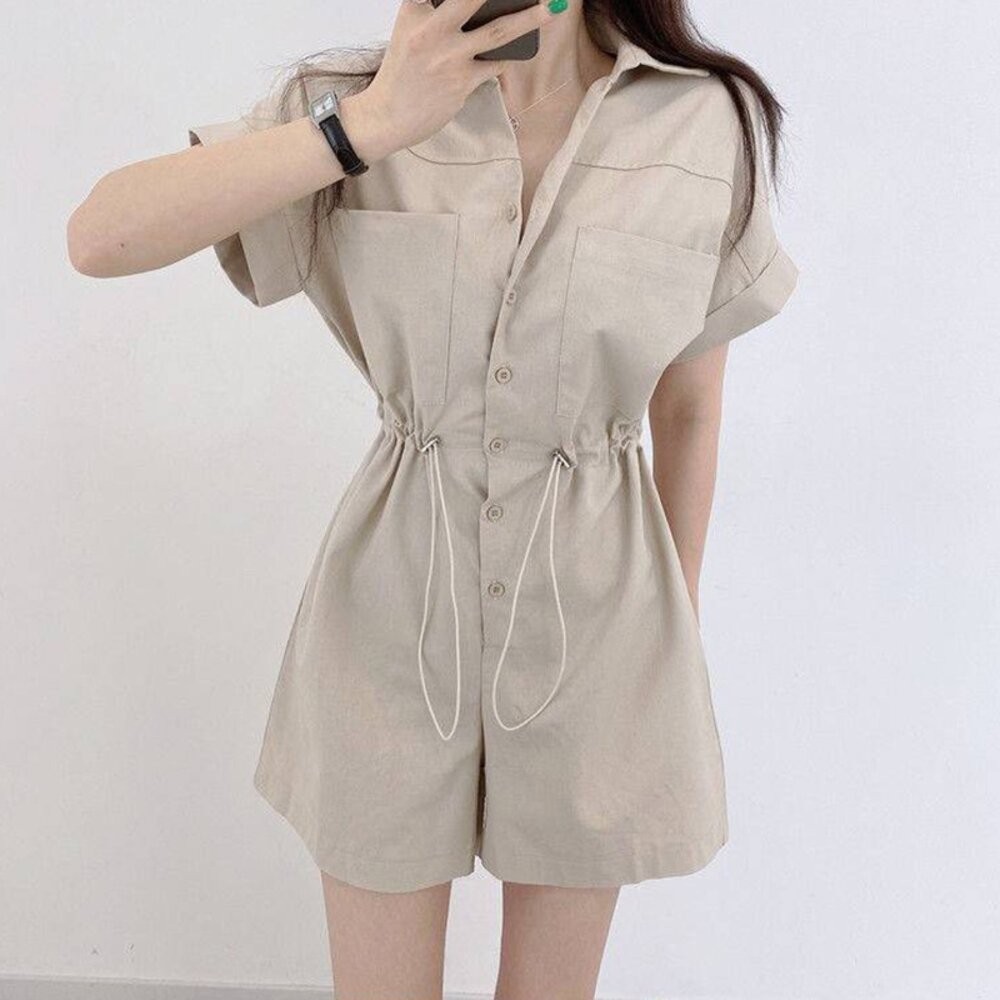 【台灣發貨】韓版氣質拉繩收腰顯瘦連體短褲套裝 連身裙 吊帶裙 吊帶褲 女裝【S197】-細節圖5