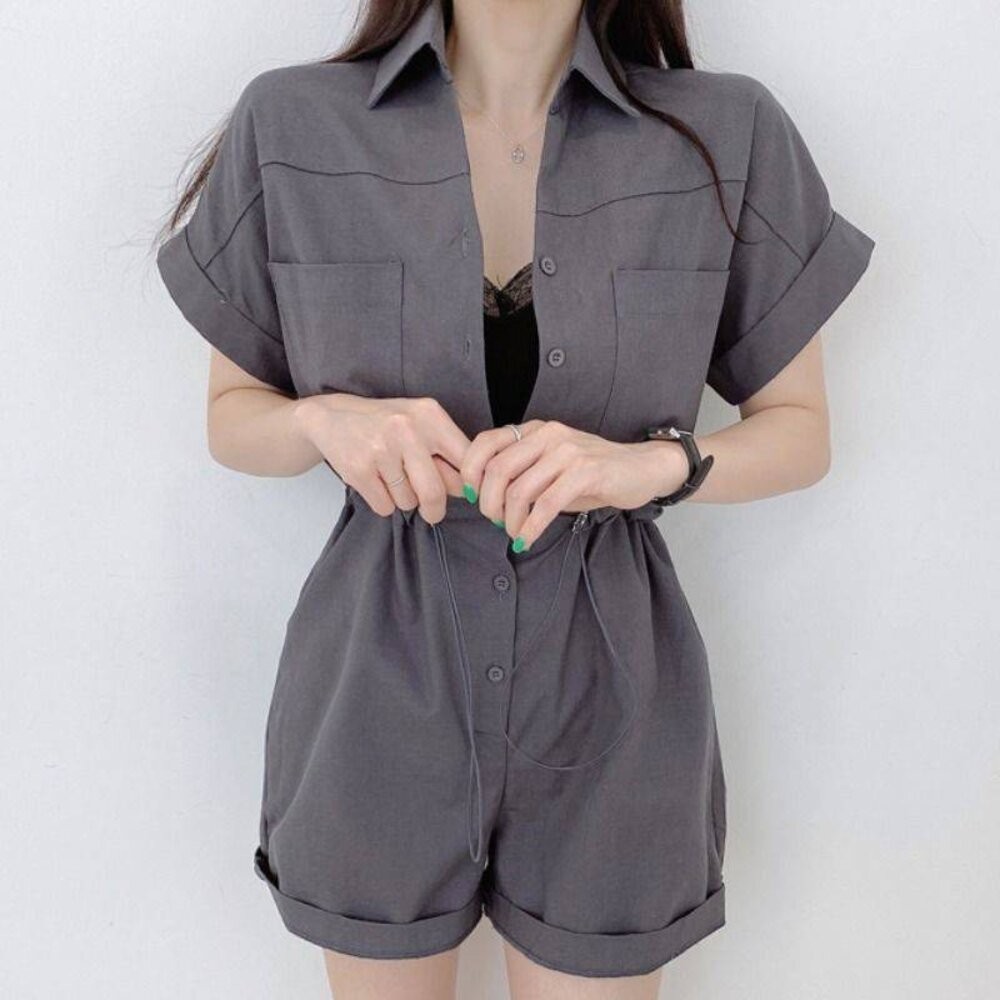 【台灣發貨】韓版氣質拉繩收腰顯瘦連體短褲套裝 連身裙 吊帶裙 吊帶褲 女裝【S197】-細節圖7