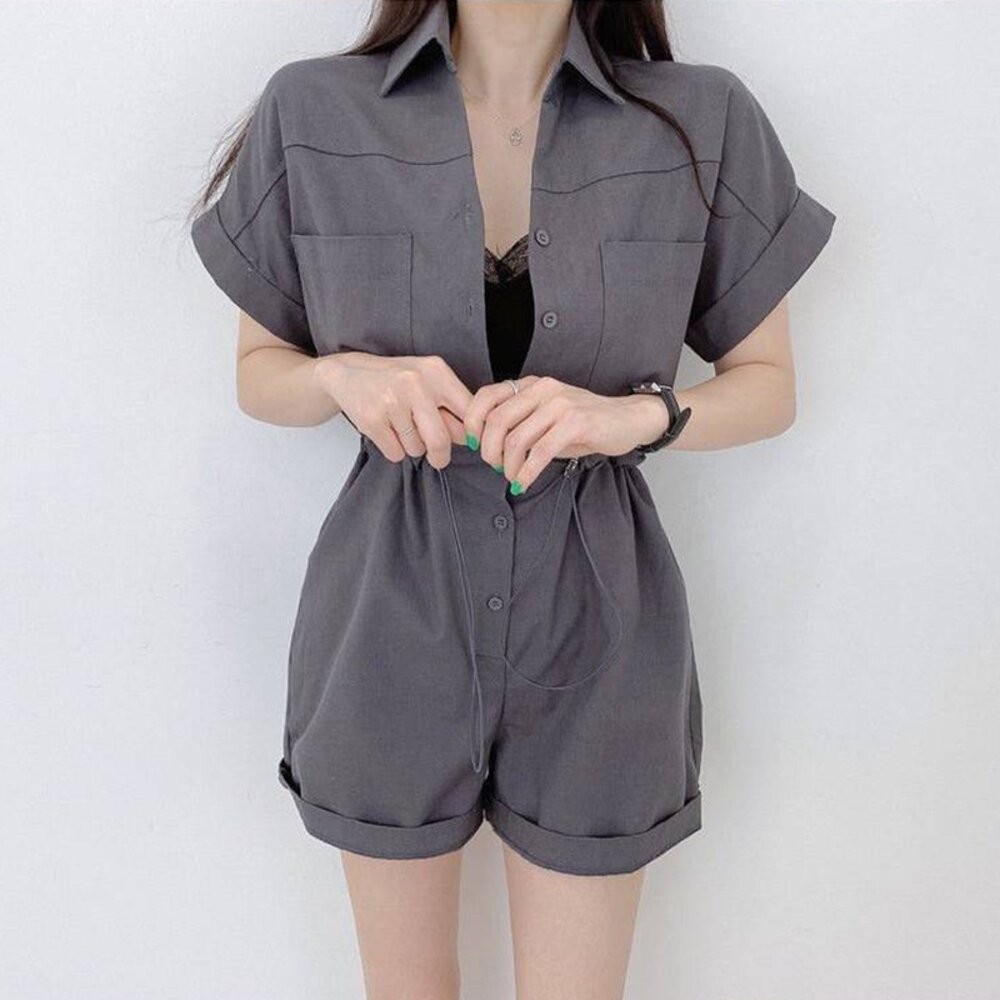 【台灣發貨】韓版氣質拉繩收腰顯瘦連體短褲套裝 連身裙 吊帶裙 吊帶褲 女裝【S197】-細節圖8