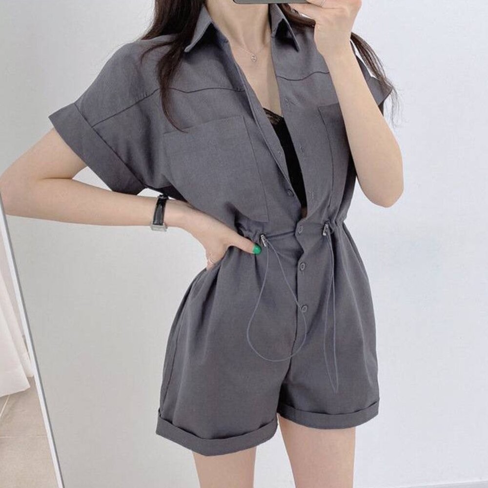 【台灣發貨】韓版氣質拉繩收腰顯瘦連體短褲套裝 連身裙 吊帶裙 吊帶褲 女裝【S197】-細節圖9