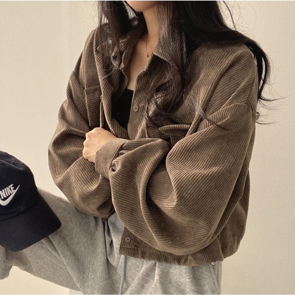 【台灣發貨】韓版復古寬鬆燈芯絨襯衫外套 外套 防曬外套 女裝 上衣 衣服 【J215】-細節圖7