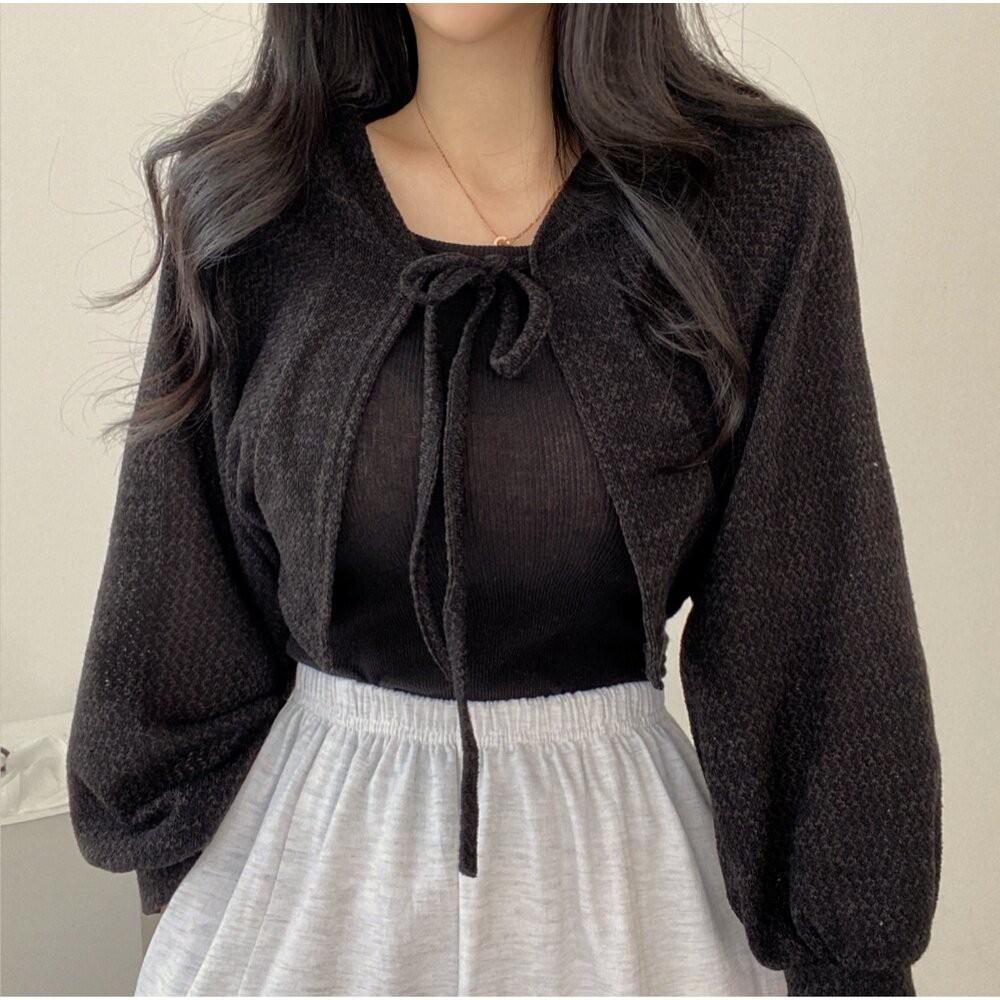 【台灣發貨】韓版復古綁帶薄款泡泡袖短版外套 外套 防曬外套 女裝 上衣 衣服 【J213】-細節圖6