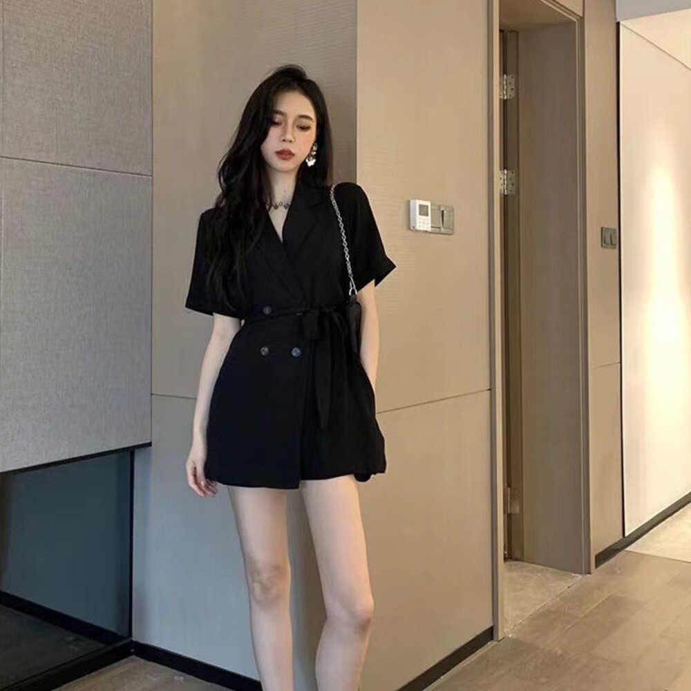 【台灣發貨】韓版收腰顯瘦雙排扣連體褲洋裝 連身裙 吊帶裙 吊帶褲 女裝【S192】-細節圖4