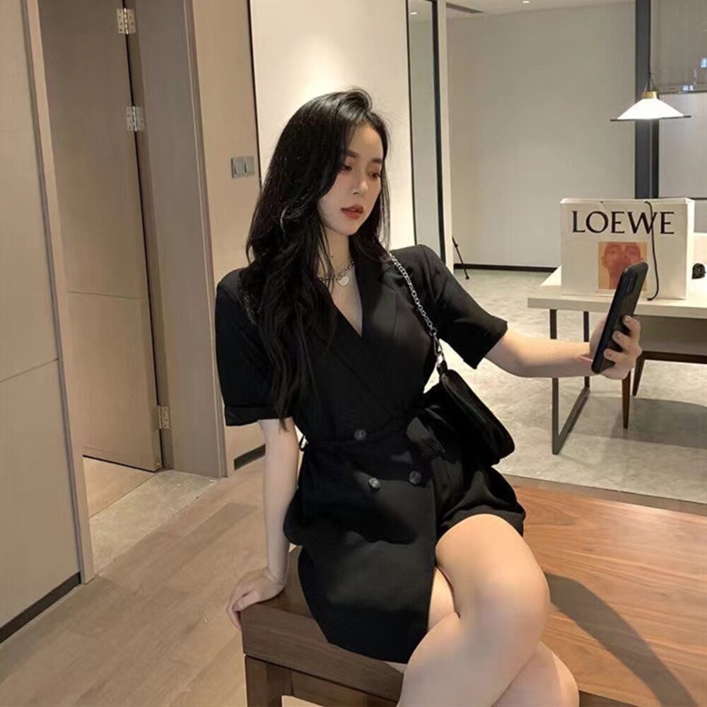 【台灣發貨】韓版收腰顯瘦雙排扣連體褲洋裝 連身裙 吊帶裙 吊帶褲 女裝【S192】-細節圖6