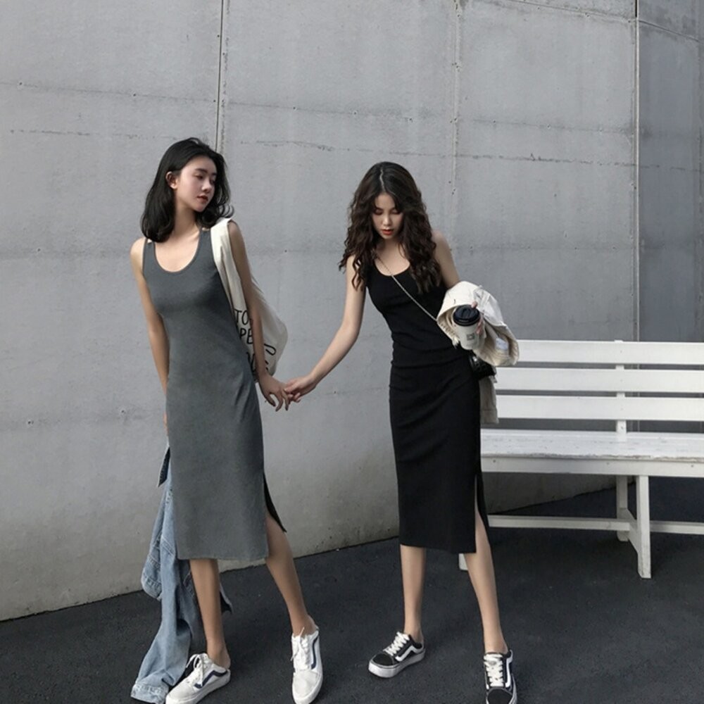 【台灣發貨】韓版開叉氣質顯瘦長版吊帶洋裝 連身裙 吊帶裙 吊帶褲 女裝【S186】-細節圖2