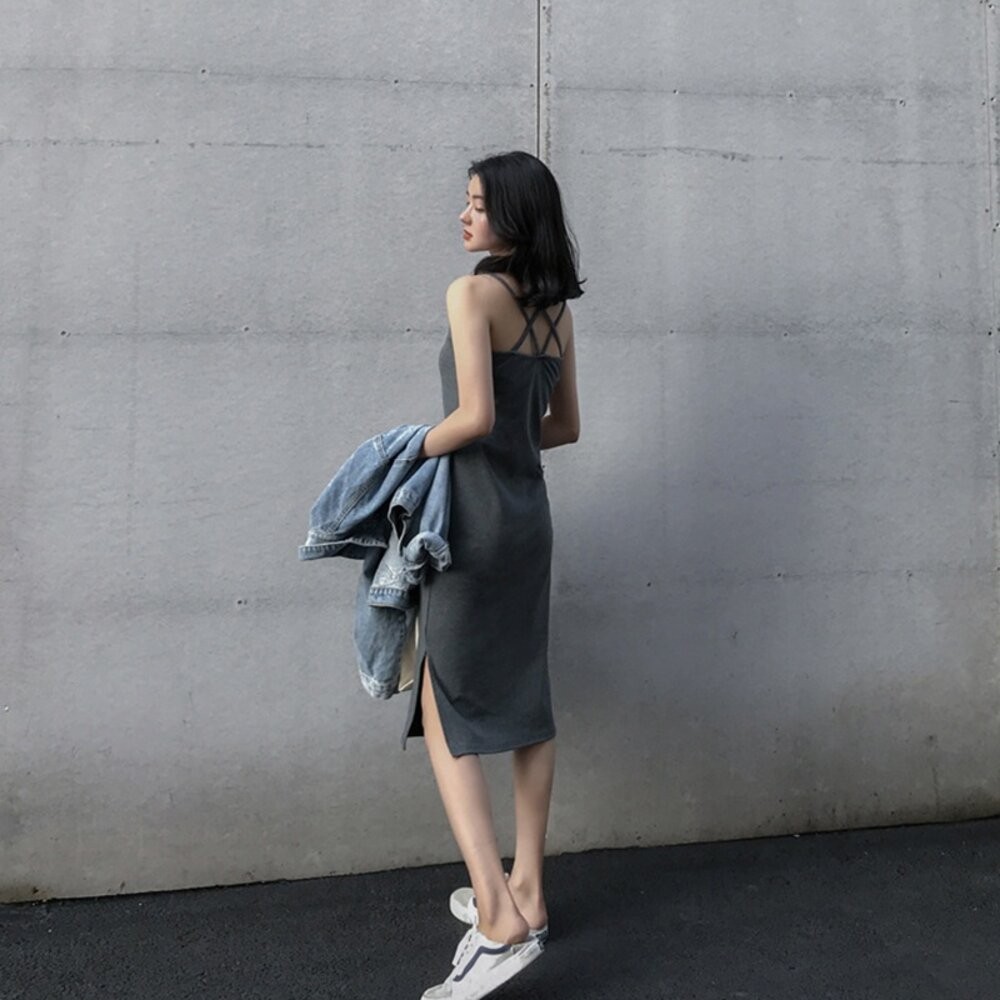 【台灣發貨】韓版開叉氣質顯瘦長版吊帶洋裝 連身裙 吊帶裙 吊帶褲 女裝【S186】-細節圖3
