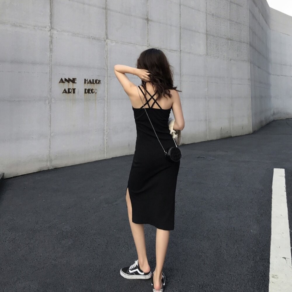 【台灣發貨】韓版開叉氣質顯瘦長版吊帶洋裝 連身裙 吊帶裙 吊帶褲 女裝【S186】-細節圖4