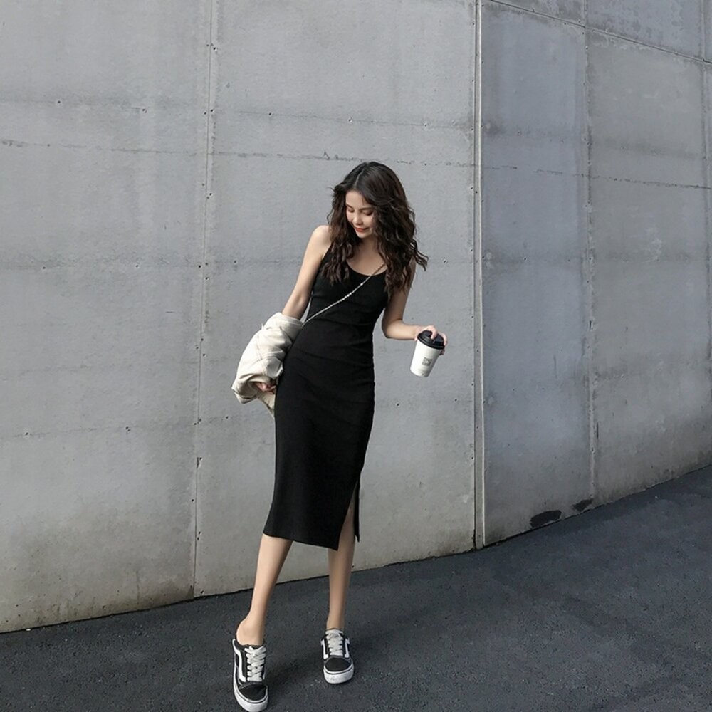 【台灣發貨】韓版開叉氣質顯瘦長版吊帶洋裝 連身裙 吊帶裙 吊帶褲 女裝【S186】-細節圖5
