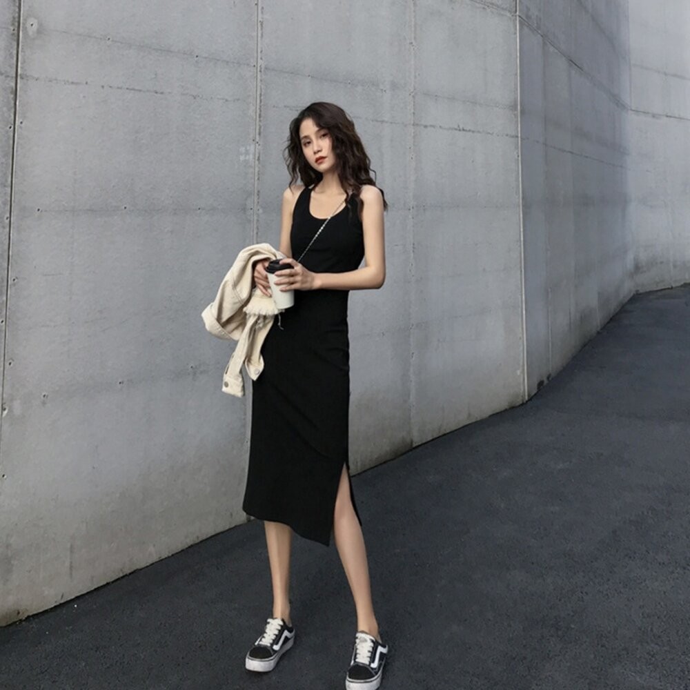 【台灣發貨】韓版開叉氣質顯瘦長版吊帶洋裝 連身裙 吊帶裙 吊帶褲 女裝【S186】-細節圖8